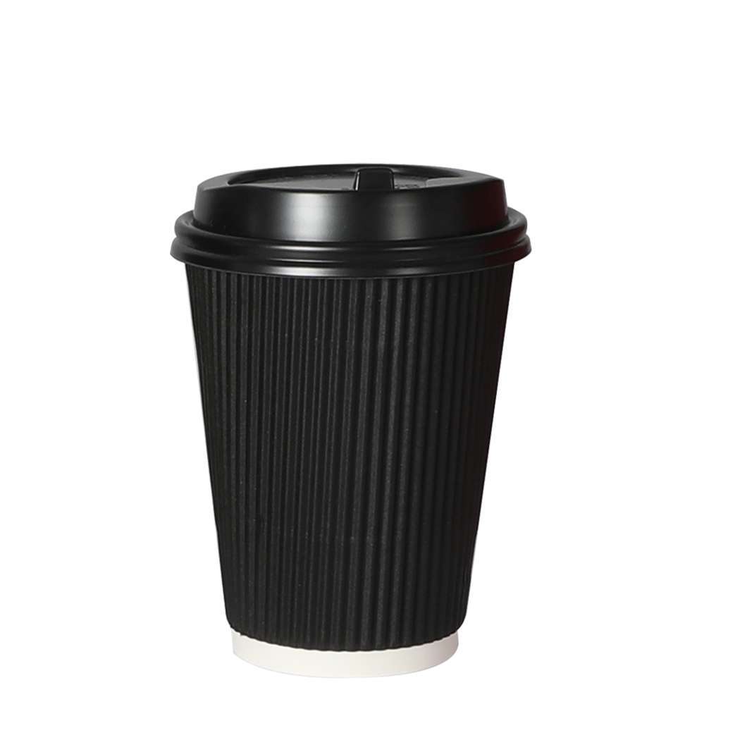 AF1116-200-BK_base.jpg 100 Pcs 12oz Disposable Takeaway Coffee Paper Cups Triple Wall Take Away w Lids - Image 1